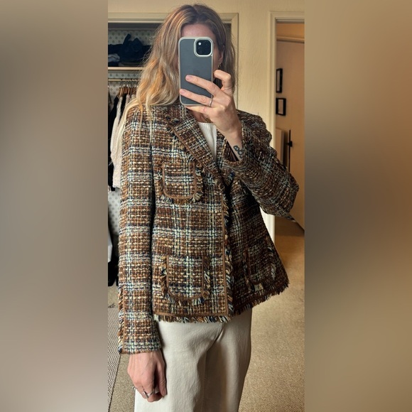 Vintage TAHARI Brown Wool Blend Tweed Plaid Knit Raw Hem Fringe Blazer Jacket - Picture 3 of 12